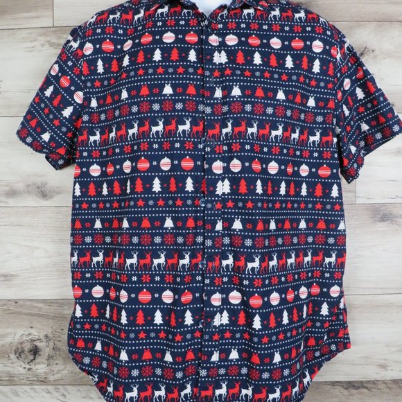 Denim & Flower* Men's Short Sleeve Button Down Curved Hem Holiday Shirt~ Large - Picture 2 of 9